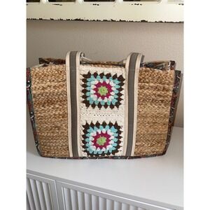 Boho Woven Straw Tote Bag Crochet Granny Square Paisley Floral Large Beach Bag